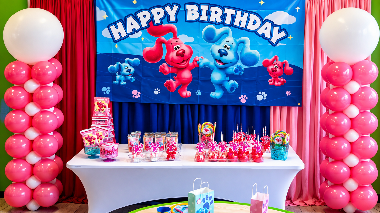 Pink and white balloon columns framing a character themed birthday dessert table