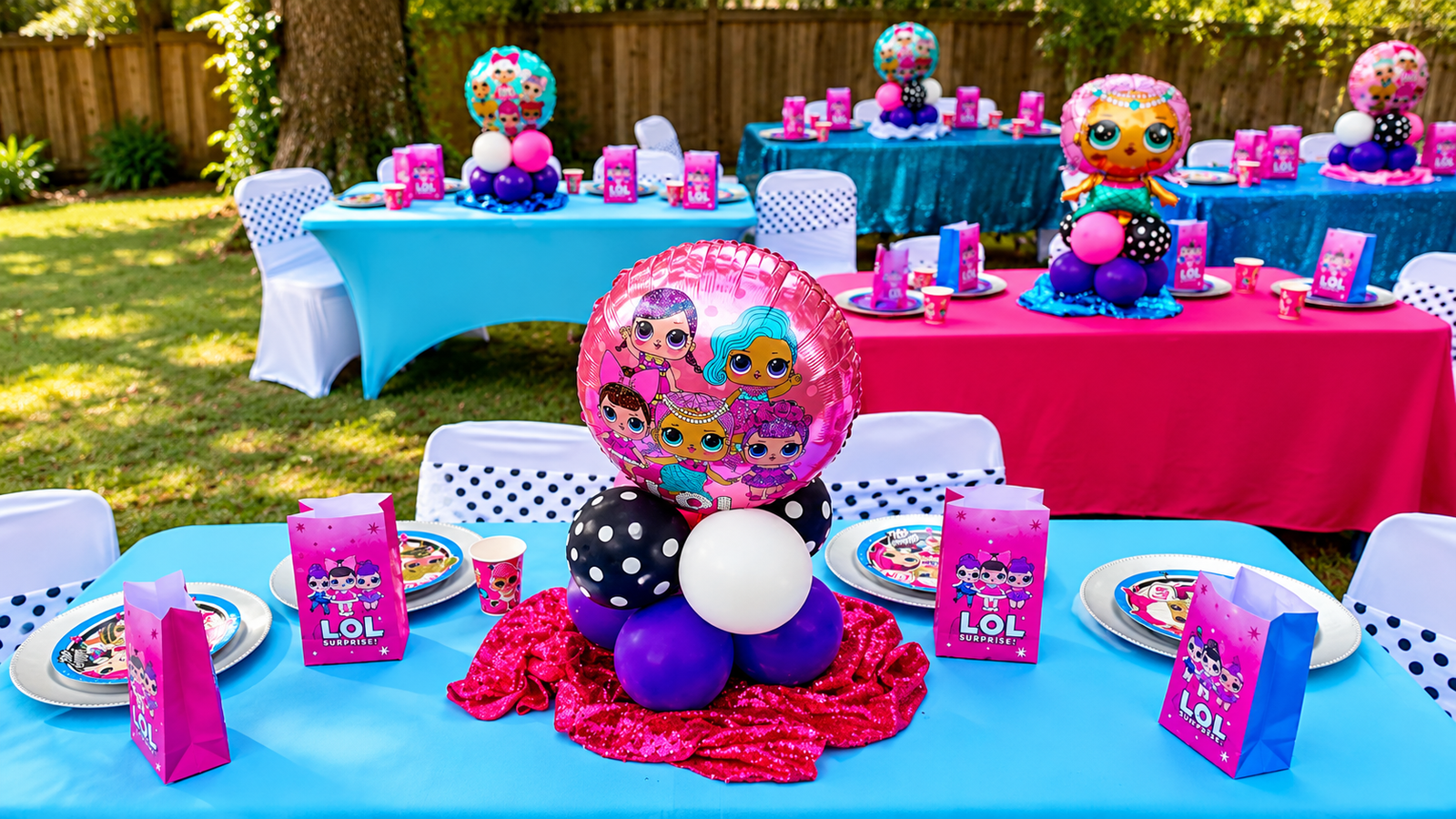 Backyard kids' party with pink and turquoise tables and balloon centerpieces